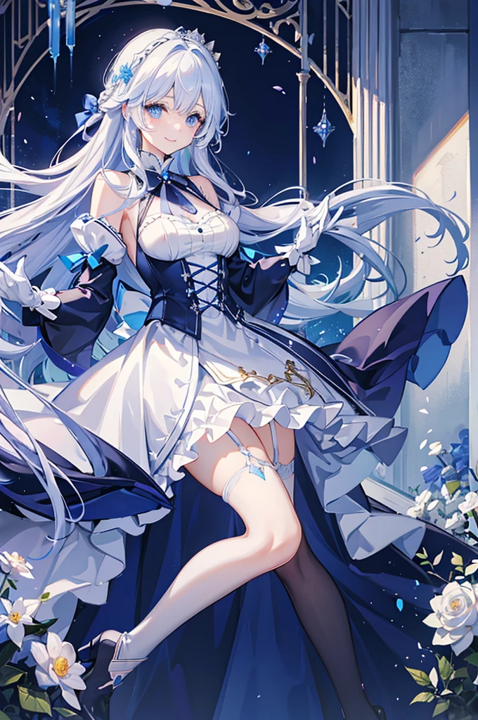 A woman with white hair and blue eyes、adult、Long, fluffy wavy hair、Braiding、Wearing hair ornaments、Smiling、Princess、White gloves、Blue-tinted dress、ribbon、Decorations such as roses and drops、race、The dress is short in the front and long in the back、Garter Ring、short boots、Fantasy