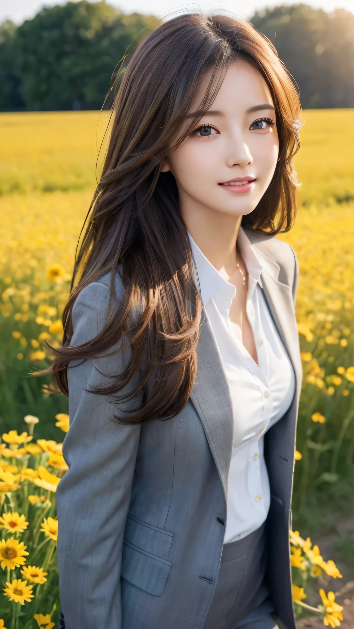 highest quality、genuine、Super detailed、finely、High resolution、8k wallpaper、one beautiful woman、、、light brown disheveled hair、wearing a business suit、sharp focus、perfect dynamic composition、beautiful and detailed eyes、thin hair、Detailed genuine skin texture、smile、model body shape、In a windswept meadow