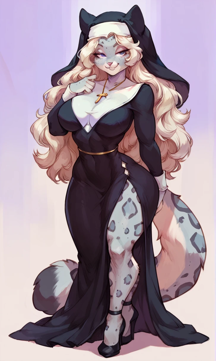 (solo) female anthro snow leopard, long fluffy hair, snow leopard, big breasts, attractive, nun dress, fit body, snow leopard tail,, thicc, freckles, freckles on face, smug eyes, (mad expression), she is standing look to the viewer , violet background, simple background, thick thighs (front view) high heels