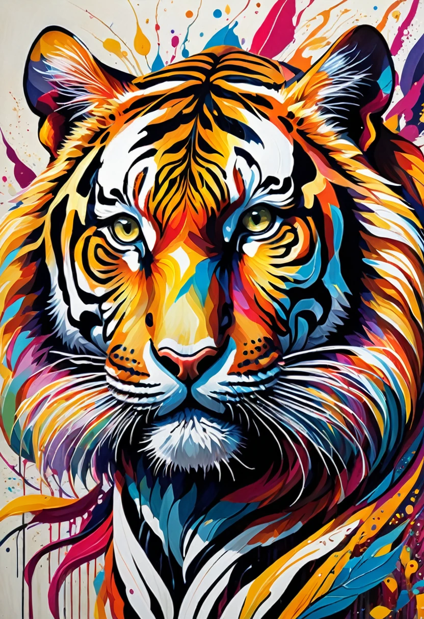 A stunning maximalist masterpiece of a tiger painted with bold and expressive brushstrokes. The tiger is depicted in incredible detail, with vibrant and rich colors that bring the animal to life. The background is a blend of abstract shapes and patterns that complement the tiger's form. The artwork exudes a sense of sharp quality and beauty, with each detail carefully crafted to enhance the overall composition. This piece is a testament to the artist's skill and passion for creating visually stunning and captivating art.