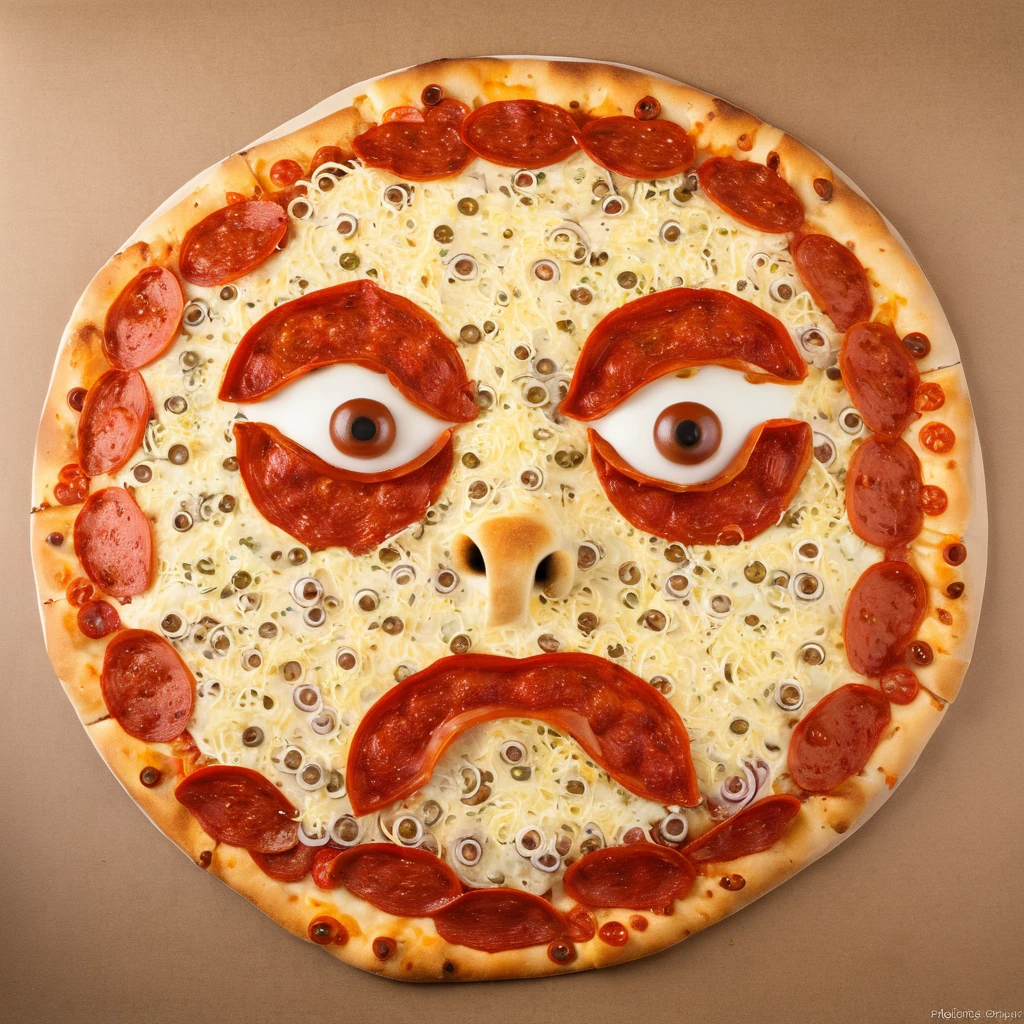 a pizza forming a human face with two pepperoni eyes, onion nose and tomato mouth