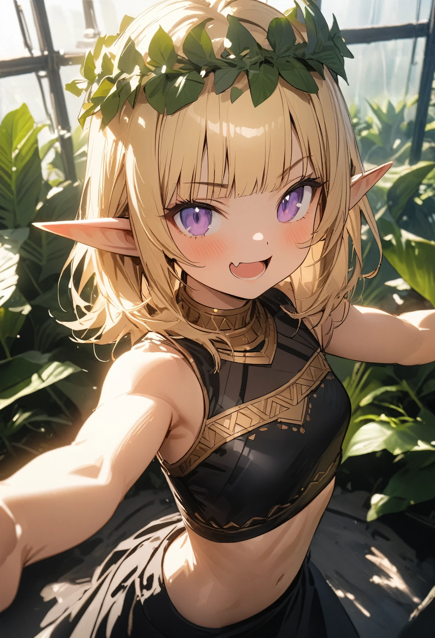 ((Masterpiece)), (Anime:1.3), ((best quality)), (super detail:1.2), (High Definition:1.3), (Professional Photography:1.2), (sharp focus), (perfect light), (()), (1girl), cute young girl, (Brutal smile), blush, open mouth, (fang out), (Beautiful purple eyes:1.3), (Healthy slim body), elf girl, Thin chain bracelets, (bikini top), , slim body, cute navel, (shaggy bangs), messy hair, (medium hair), ((beautiful blond hair)), shortpants, BREAK, ((best quality)), (super detail:1.2), ((best quality)), (Sitting with legs outstretched), (On the precipitous cliff), the tropical country,