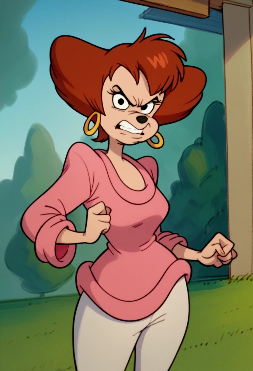 pegpete, 1girl, brown hair, pink sweater, solo, hoop earrings, short hair, angry, outdoors,  white pants, black eyes, furry female, looking at viewer, score_9, score_8_up, score_7_up, score_6_up, score_5_up, score_4_up