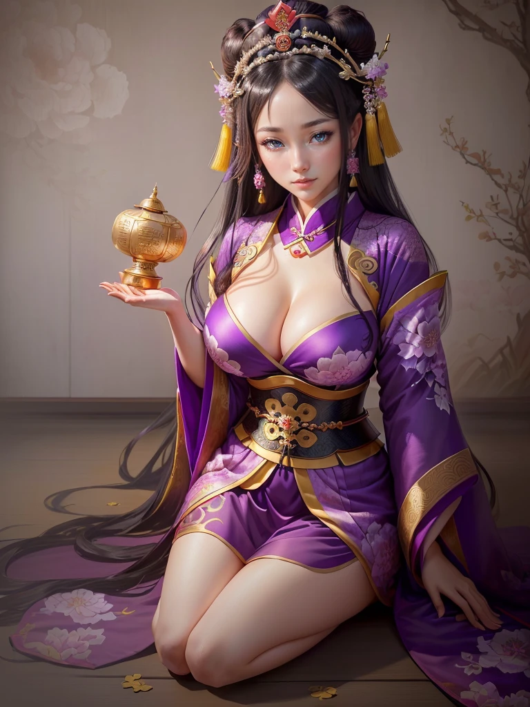 a woman in a purple kimono sitting on the ground, a beautiful fantasy empress, ancient chinese princess, ((a beautiful fantasy empress)), inspired by Lan Ying, inspired by Ju Lian, inspired by Qiu Ying, inspired by Li Mei-shu, palace , a girl in hanfu, inspired by Yun Du-seo, chinese empress, beautiful character painting, Highly detailed CG unit 8k wallpaper, masterpiece, High resolution, highest quality, highest quality real texture skin, Super Real, Digital Painting, Best image quality, 最High resolution, 8k, (((Highly detailed eyes and face, Beautiful eyes every detail))), disproportionate breasts, huge breasts, sagging breasts, gigantic breasts, black hair, grin,