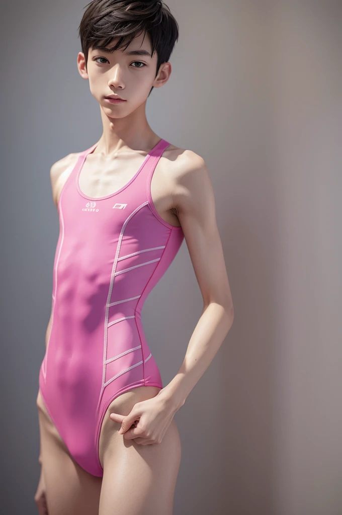 draw a very skinny boy wearing a tight pink swimsuit, 