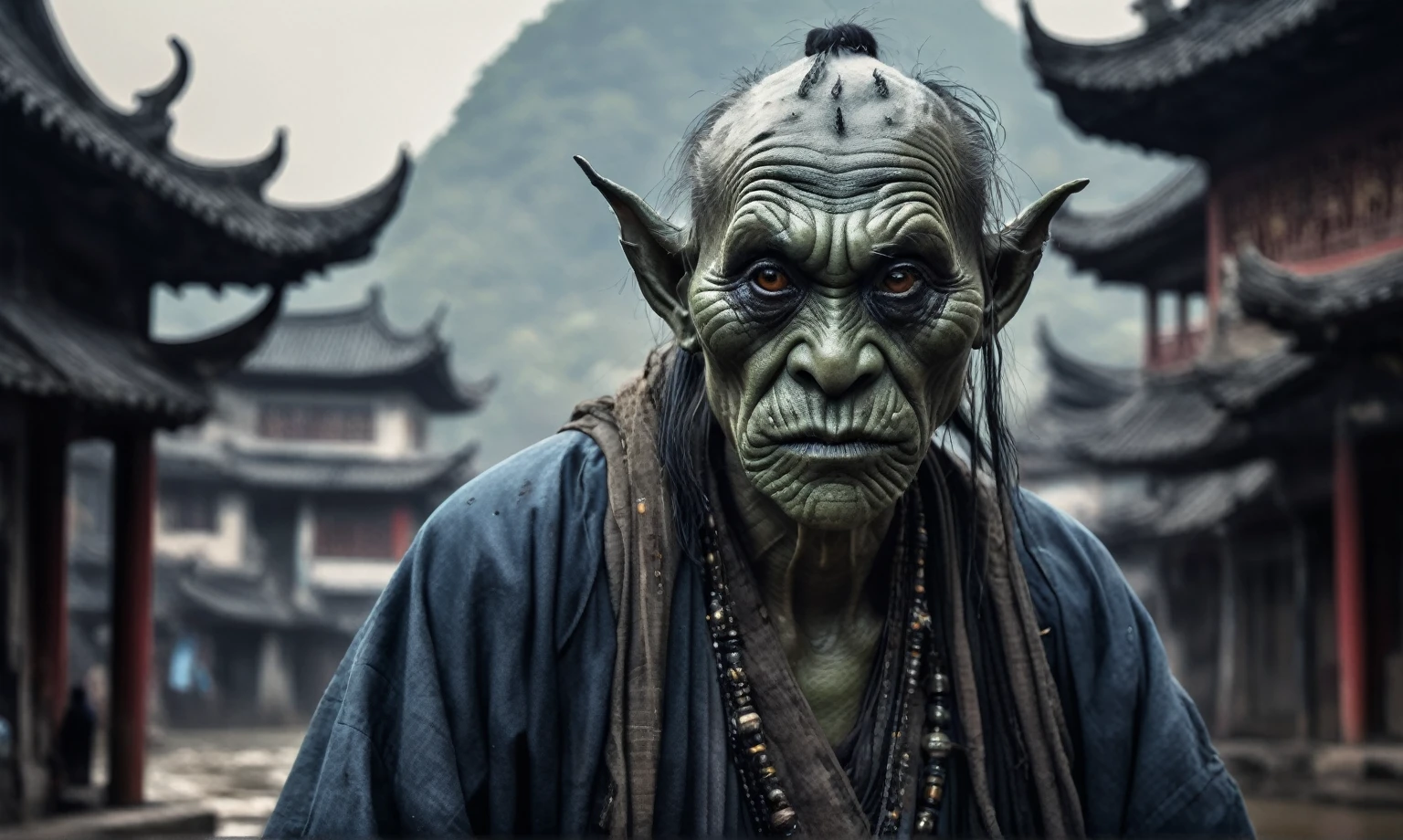 full body length shot,beggar graphite Manganite sparas, wants eat,survival in Korean city of future,Cinematic,soft colors, Technicolor,natural skin textures, hyper realism, hyper detailed,Extremely detailed,High contrast,Masterpiece,Realistic,Ultra Detailed, intricate details,realistic humid leather,extremely intricate,Epic Realistic, cinematic style,irina yermolova,high contrast,hdr,extremely detailed, [deep night landscape],masterpiece,intricate details,faded,eyes extremely detailed, high detailed eyes,16k resolution,RAW,retina, Nikon Z9,China,Songbird,orc,Li River in Guangxi Zhuang of China,tkt style, Pisces, pointed ears，perfect, ginger，transition between two art styles, Ink painting to photorealism, Double contact, X-ray, Creative, vivid light, masterpiece, fantasy, Abstract, Surrealism, super detailed, high resolution, stop:35,(((creature with a spectral and ghostly appearance)). Her skin is pale, almost translucent.strange wears dark, torn clothes that float around him, as if permeated by an aura of mourning. Its appearance is complemented by details such symbols of  gothic elements, further emphasizing its dark air. is photo as a haunted and tormented entity,{creature}