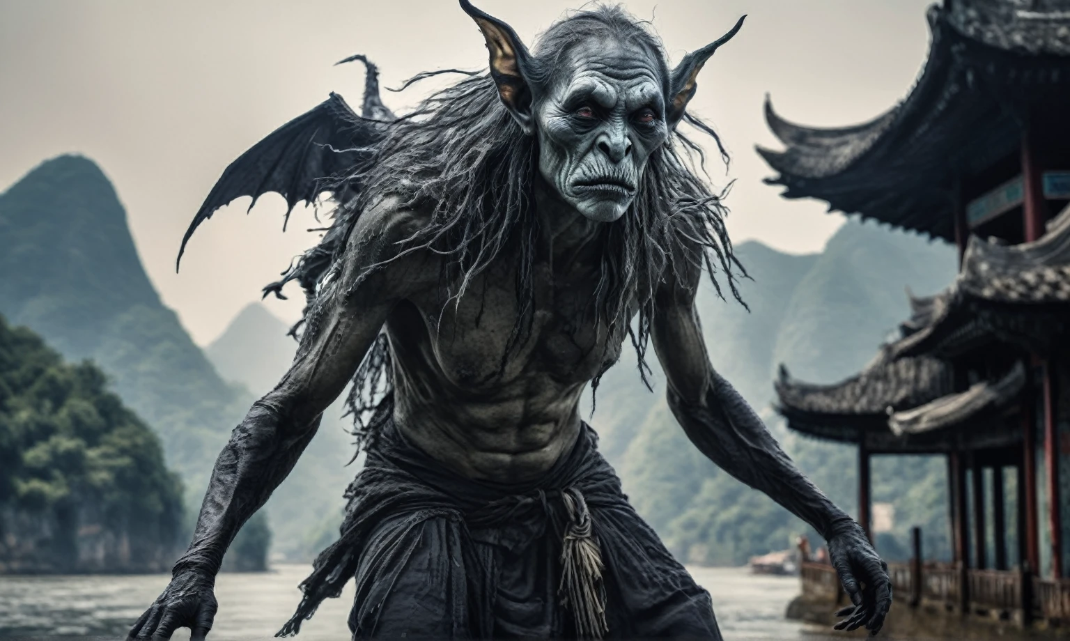 full body length shot,beggar graphite Manganite sparas, wants eat,survival in Korean city of future,Cinematic,soft colors, Technicolor,natural skin textures, hyper realism, hyper detailed,Extremely detailed,High contrast,Masterpiece,Realistic,Ultra Detailed, intricate details,realistic humid leather,extremely intricate,Epic Realistic, cinematic style,irina yermolova,high contrast,hdr,extremely detailed, landscape,masterpiece,intricate details,faded,eyes extremely detailed, high detailed eyes,16k resolution,RAW,retina, Nikon Z9,China,Songbird orc,Li River in Guangxi Zhuang of China,tkt style, Pisces, pointed ears,perfect, zinger,transition ween two art styles, Ink painting to photorealism, Double contact, X-ray, Creative, vivid light, masterpiece, fantasy, Abstract, Surrealism, super detailed, high resolution, stop:35,(((creature with a spectral and ghostly appearance)). Her skin is pale, almost translucent.strange wears dark, torn clothes that float around him, as if permeated by an aura of mourning. Its appearance is complemented by details such symbols of gothic elements, further emphasizing its dark air. is photo as a haunted and tormented entity,{creature}