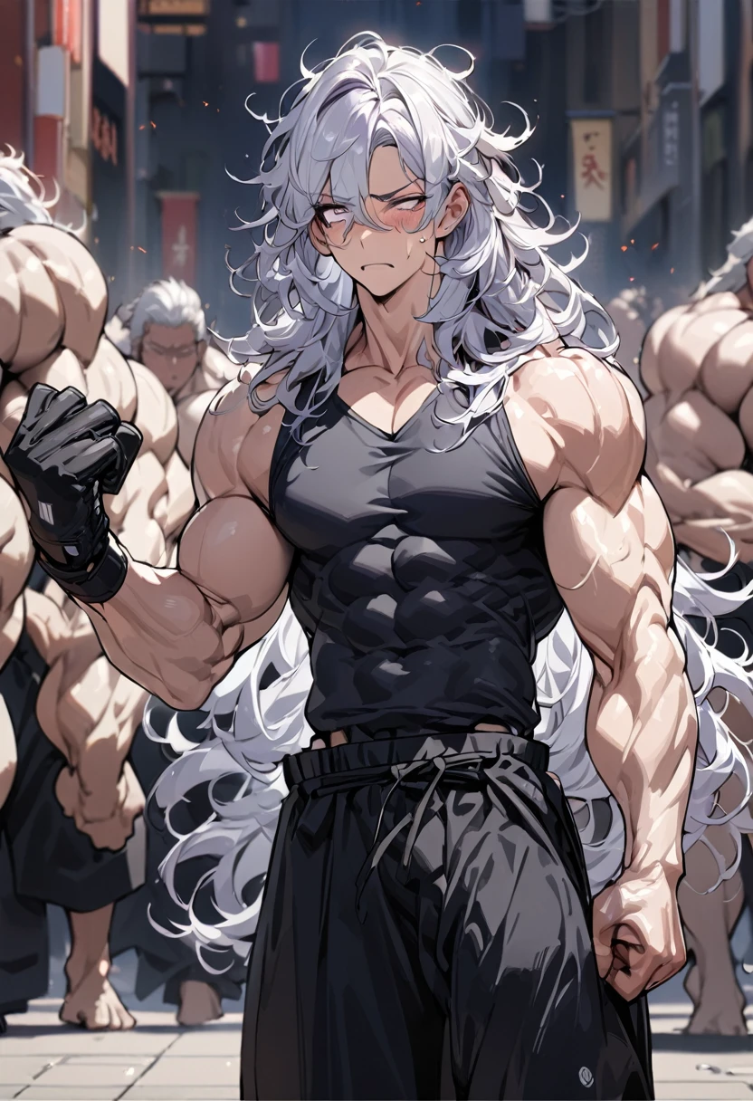 Highly detailed, High quality, Masterpiece, (long, long shot), 1 man, (white hair, purple left eye, white right eye, medium long hair, messy hair, tired face, with dark circles, glove on right hand, no sweater, Wide black karate pants, a lot of muscles, detailed. background, walking in the square), portrait