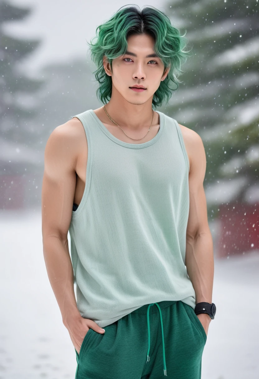 Japanese male model, with viridian green eyes, short curly viridian green hair, wearing a loose tank top, and joggers, in a red high top sneakers,(masterpiece:1.35),(best-quality:1.4),8k,ultra-detailed,photography,(ultra-realistic:1.4), adult girl, long hair, sweater, snowing background,
