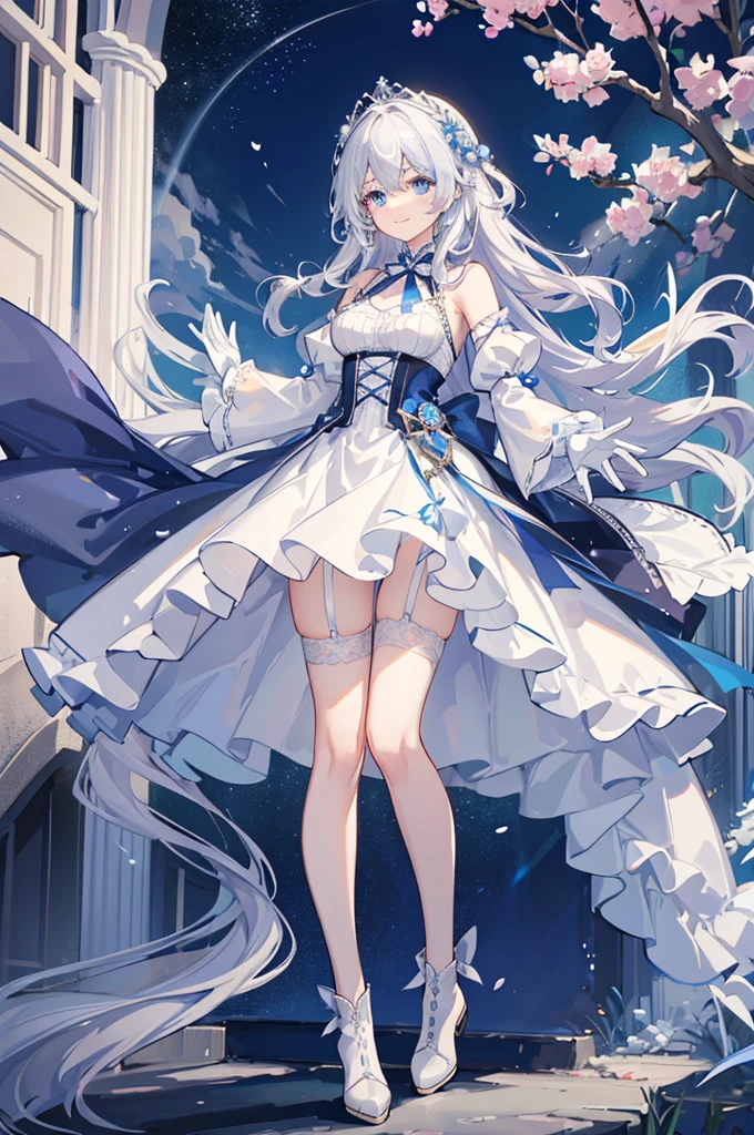 A woman with white hair and blue eyes、adult、Long, fluffy wavy hair、Braiding、Wearing hair ornaments、Smiling、Princess、White gloves、Blue-tinted dress、ribbon、Decorations such as roses and drops、race、The dress is short in the front and long in the back、Garter Ring、short boots、Fantasy