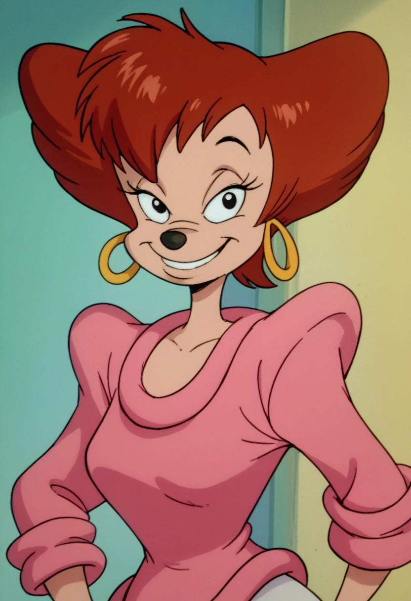 pegpete, 1girl, brown hair, pink sweater, solo, hoop earrings, short hair, smile, white pants, black eyes, furry female, retro artstyle, 1980s \(style\),upper body,  looking at viewer, score_9, score_8_up, score_7_up, score_6_up, score_5_up, score_4_up 1980s \(style\)