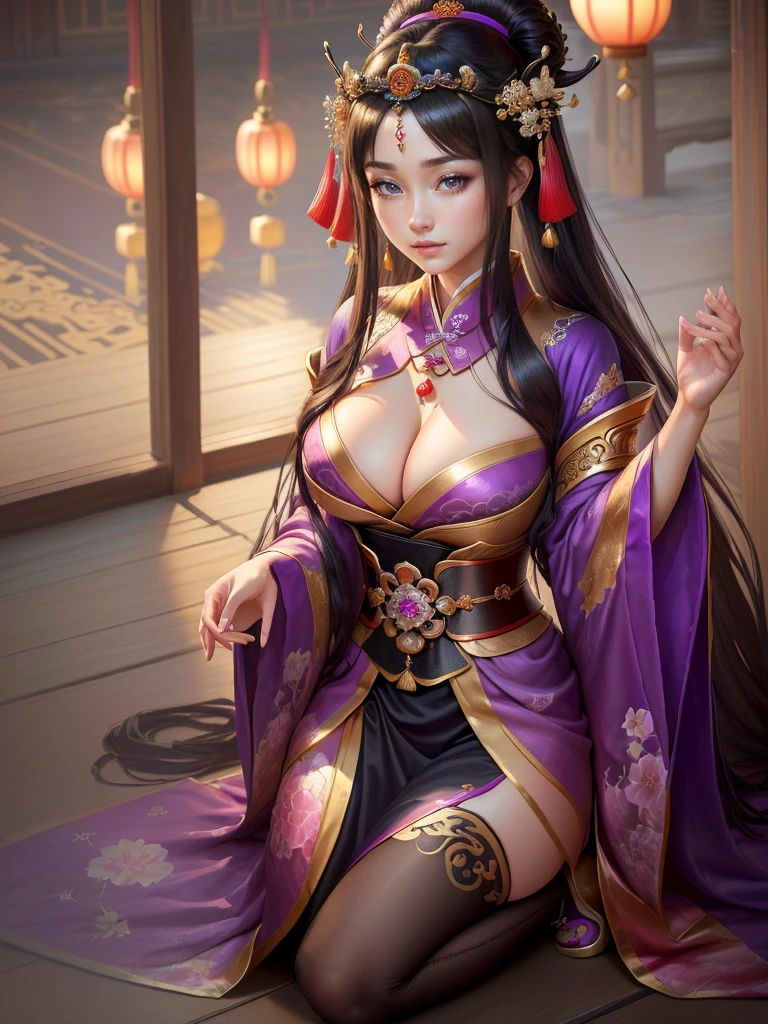 a woman in a purple kimono sitting on the ground, a beautiful fantasy empress, ancient chinese princess, ((a beautiful fantasy empress)), inspired by Lan Ying, inspired by Ju Lian, inspired by Qiu Ying, inspired by Li Mei-shu, palace , a girl in hanfu, inspired by Yun Du-seo, chinese empress, beautiful character painting, Highly detailed CG unit 8k wallpaper, masterpiece, High resolution, highest quality, highest quality real texture skin, Super Real, Digital Painting, Best image quality, 最High resolution, 8k, (((Highly detailed eyes and face, Beautiful eyes every detail))), disproportionate breasts, huge breasts, sagging breasts, gigantic breasts, black hair, grin,