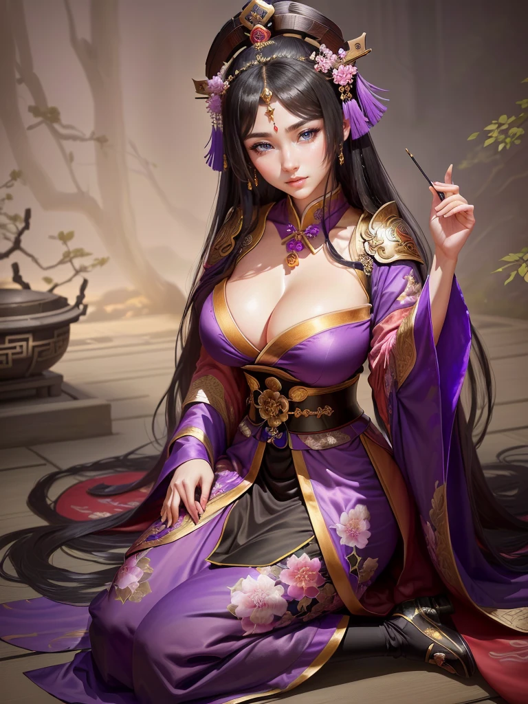 a woman in a purple kimono sitting on the ground, a beautiful fantasy empress, ancient chinese princess, ((a beautiful fantasy empress)), inspired by Lan Ying, inspired by Ju Lian, inspired by Qiu Ying, inspired by Li Mei-shu, palace , a girl in hanfu, inspired by Yun Du-seo, chinese empress, beautiful character painting, Highly detailed CG unit 8k wallpaper, masterpiece, High resolution, highest quality, highest quality real texture skin, Super Real, Digital Painting, Best image quality, 最High resolution, 8k, (((Highly detailed eyes and face, Beautiful eyes every detail))), disproportionate breasts, huge breasts, sagging breasts, gigantic breasts, black hair, grin,