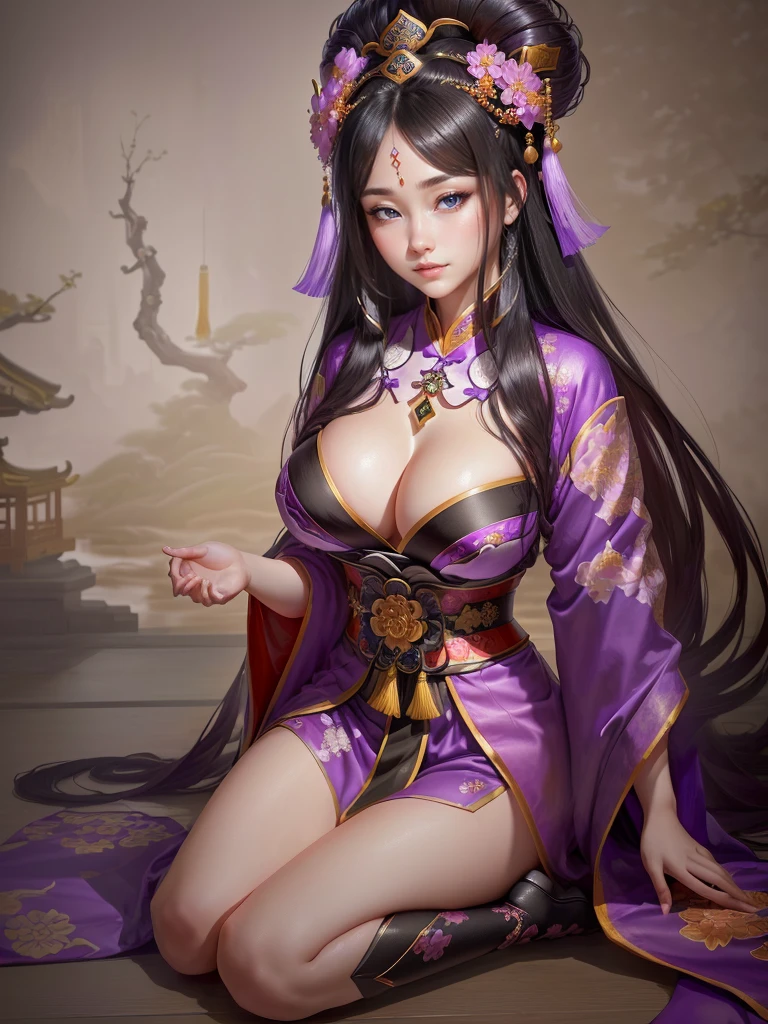 a woman in a purple kimono sitting on the ground, a beautiful fantasy empress, ancient chinese princess, ((a beautiful fantasy empress)), inspired by Lan Ying, inspired by Ju Lian, inspired by Qiu Ying, inspired by Li Mei-shu, palace , a girl in hanfu, inspired by Yun Du-seo, chinese empress, beautiful character painting, Highly detailed CG unit 8k wallpaper, masterpiece, High resolution, highest quality, highest quality real texture skin, Super Real, Digital Painting, Best image quality, 最High resolution, 8k, (((Highly detailed eyes and face, Beautiful eyes every detail))), disproportionate breasts, huge breasts, sagging breasts, gigantic breasts, black hair, grin,