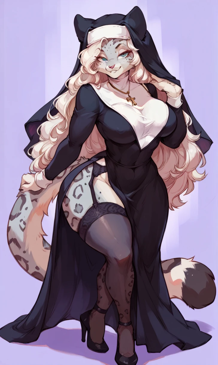(solo) female anthro snow leopard, long fluffy hair, snow leopard, big breasts, attractive, nun dress, fit body, snow leopard tail,, thicc, freckles, freckles on face, smug eyes, (mad expression), she is standing look to the viewer , violet background, simple background, thick thighs (front view) high heels