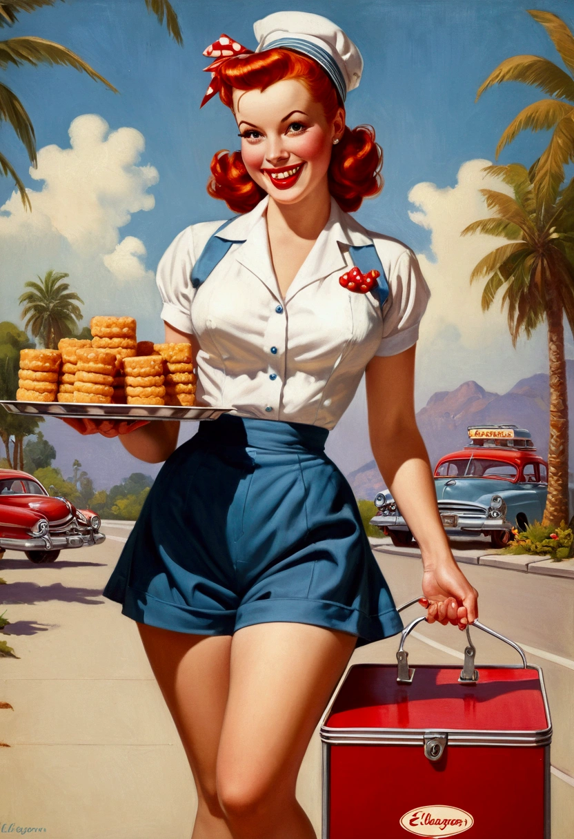 50s waitress, redheadwear, pinup, cinched waist , shorts, rollerskates, carrying tray with snacks, smiling, gil elvgren style.