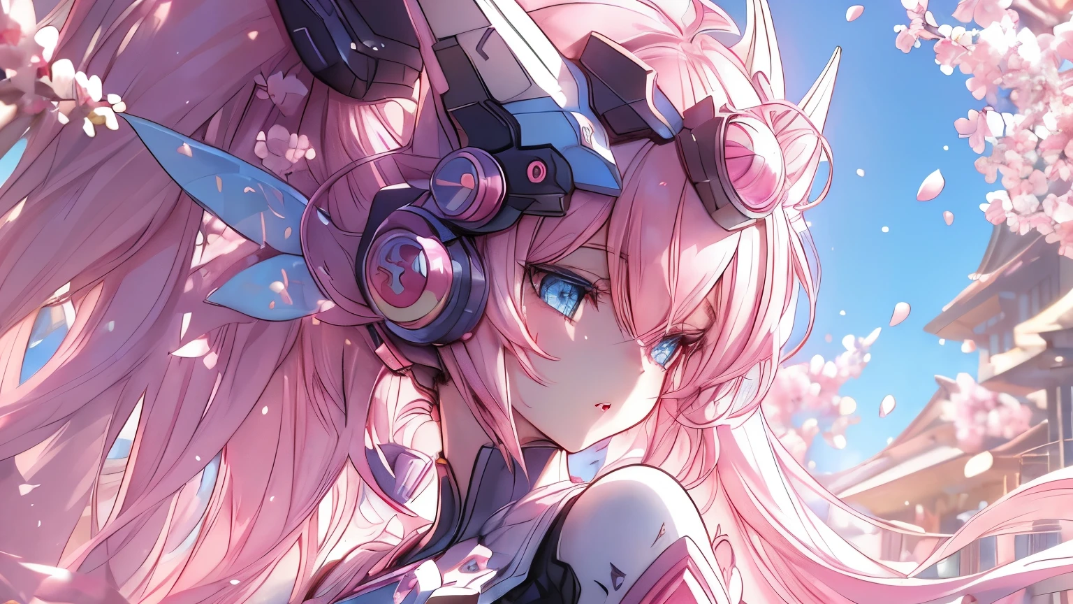 Detailed anime style, Beautiful and stunning artwork, Bright shadows, strong colors, Pastel cotton candy, a beautiful woman, pink hair, blue eyes, Beautiful scenery, Cherry blossom leaves, Linear and detailed illustration
