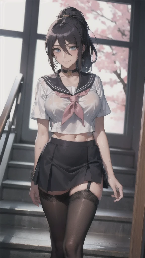 ((Correct Anatomy)),((School stairs)),((Standing posture)),((((Sailor suit)))),((Beautiful feet)),((White lace panties)),((A shy smile)),((mini skirt)),((Black Pantyhose)),((black tights)),((garter belt)),((high school girl)),Ultra-high resolution,Mature Woman, Mature Woman, Very detailed,Extremely fine skin,Beautiful Skin,((Sweating all over the body)),(Big Breasts),((Beautiful legs)),Perfect hands, Detailed fingers, Beautiful details, ((Long black hair)),((ponytail)),Black choker, Earrings,loafers,Luxury,Perfect Eyes, Captivating eyes