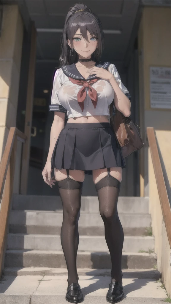 ((Correct Anatomy)),((School stairs)),((Standing posture)),((((Sailor suit)))),((Beautiful feet)),((White lace panties)),((A shy smile)),((mini skirt)),((Black Pantyhose)),((black tights)),((garter belt)),((high school girl)),Ultra-high resolution,Mature Woman, Mature Woman, Very detailed,Extremely fine skin,Beautiful Skin,((Sweating all over the body)),(Big Breasts),((Beautiful legs)),Perfect hands, Detailed fingers, Beautiful details, ((Long black hair)),((ponytail)),Black choker, Earrings,loafers,Luxury,Perfect Eyes, Captivating eyes