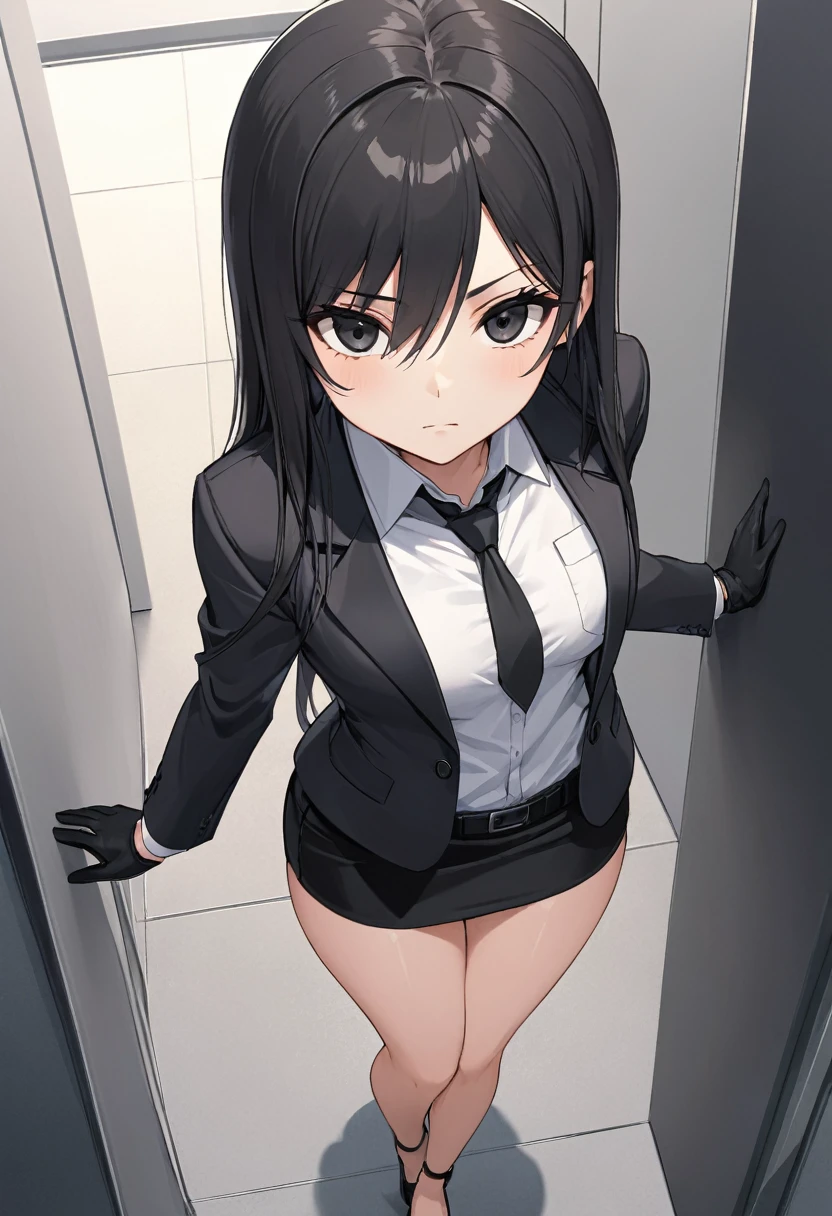 Black miniskirt ,shoes, dress shirt , pencil skirt , black long tie , assassin , whole body ,business attire , Black gloves , shorts blazer , bare legs , straight hair , black eyes , thighs , whole body , standing posture , View from above , Cute face