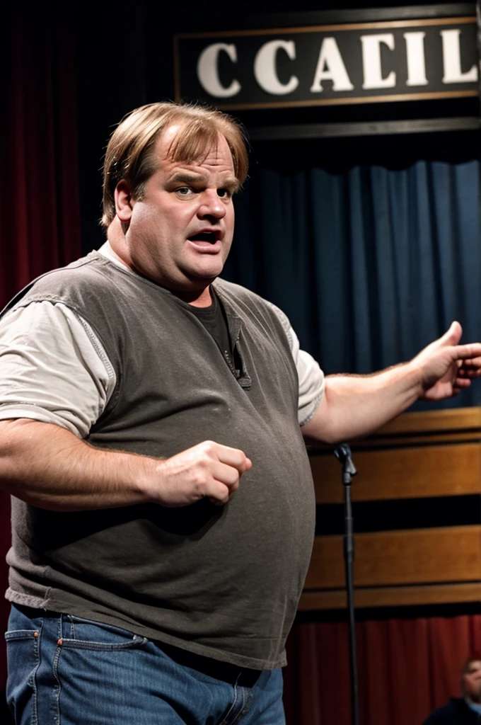 Decrepit Chris Farley at 63 years old with gray hair. On stage at a comedy club.