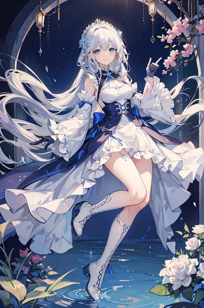 A woman with white hair and blue eyes、adult、Long, fluffy wavy hair、Braiding、Wearing hair ornaments、Smiling、Princess、Finger on mouth、White gloves、Blue-tinted dress、ribbon、Decorations such as roses and drops、race、The dress is short in the front and long in the back、Garter Ring、short boots、Fantasy
