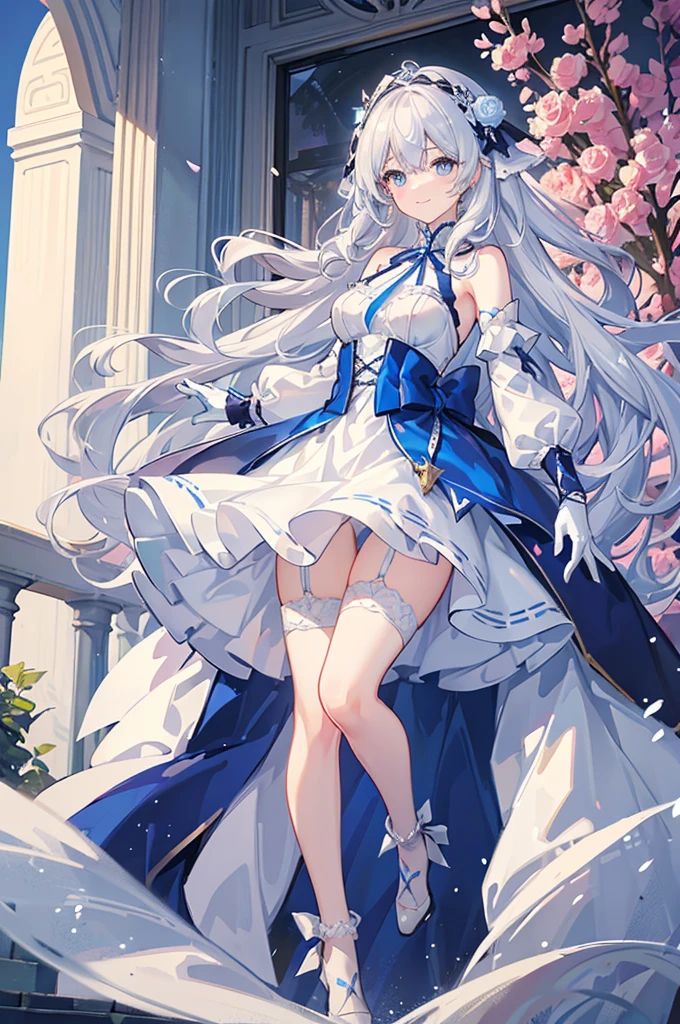 A woman with white hair and blue eyes、adult、Long, fluffy wavy hair、Braiding、Wearing hair ornaments、Smiling、Princess、Finger on mouth、White gloves、Blue-tinted dress、ribbon、Decorations such as roses and drops、race、The dress is short in the front and long in the back、Garter Ring、short boots、Fantasy