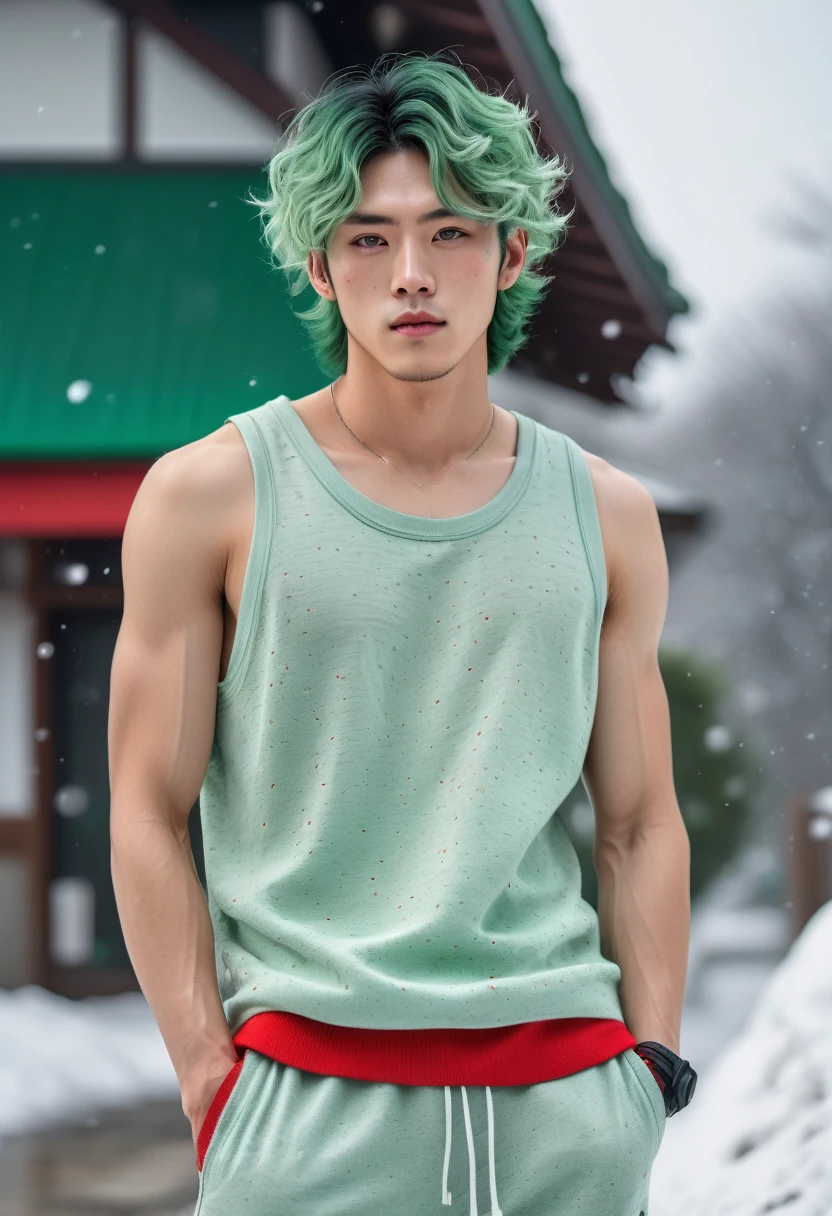  Japanese male model, cheek freckles, with viridian green eyes, short curly viridian green hair, wearing a loose tank top, and joggers, in a red high top sneakers,(masterpiece:1.35),(best-quality:1.4),8k,ultra-detailed,photography,(ultra-realistic:1.4), adult girl, long hair, sweater, snowing background,