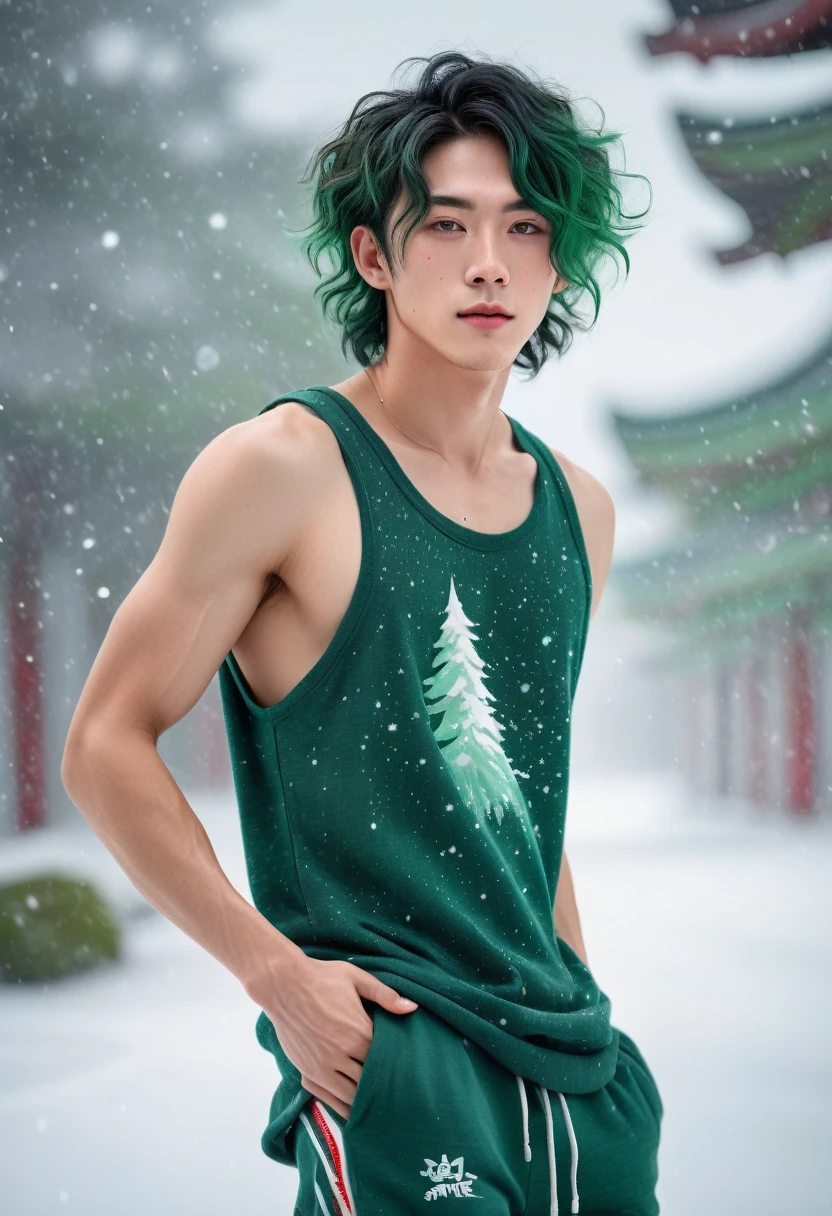  Japanese male model, cheek freckles, with viridian green eyes, short curly viridian green hair, wearing a loose tank top, and joggers, in a red high top sneakers,(masterpiece:1.35),(best-quality:1.4),8k,ultra-detailed,photography,(ultra-realistic:1.4), adult girl, long hair, sweater, snowing background,