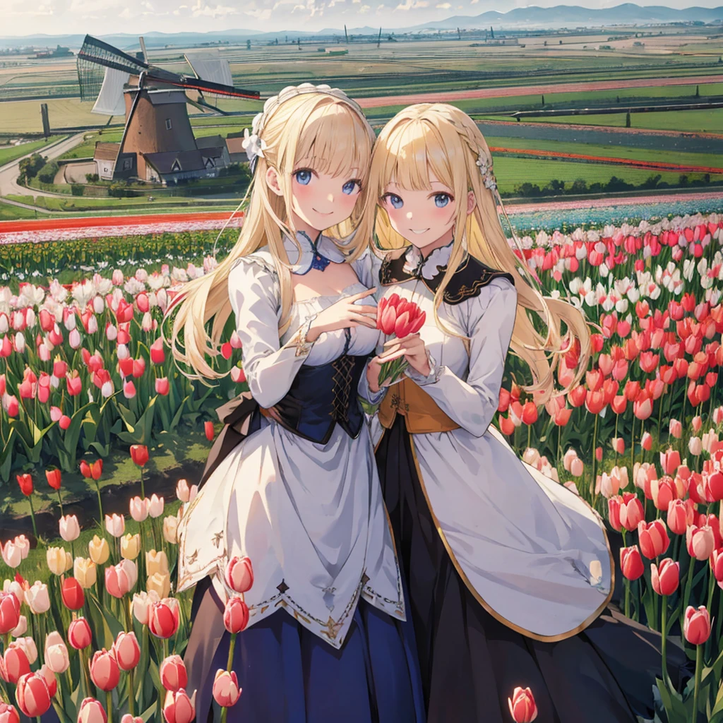 Dutch national costume、white woman、blonde hair、holding a tulip with both hands、smile、happy look、daytime、Landscape with tulip fields and windmills、