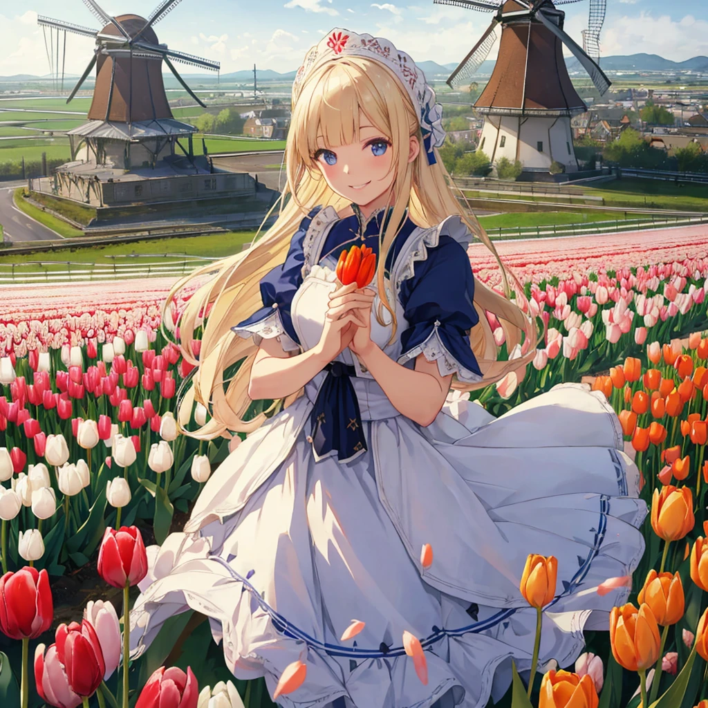 Dutch national costume、white woman、blonde hair、hold a tulip with both hands、smile、happy look、daytime、Landscape with tulip fields and windmills、