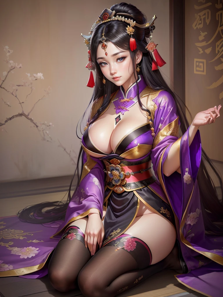 a woman in a purple kimono sitting on the ground, a beautiful fantasy empress, ancient chinese princess, ((a beautiful fantasy empress)), inspired by Lan Ying, inspired by Ju Lian, inspired by Qiu Ying, inspired by Li Mei-shu, palace , a girl in hanfu, inspired by Yun Du-seo, chinese empress, beautiful character painting, Highly detailed CG unit 8k wallpaper, masterpiece, High resolution, highest quality, highest quality real texture skin, Super Real, Digital Painting, Best image quality, 最High resolution, 8k, (((Highly detailed eyes and face, Beautiful eyes every detail))), disproportionate breasts, huge breasts, sagging breasts, gigantic breasts, black hair, grin,