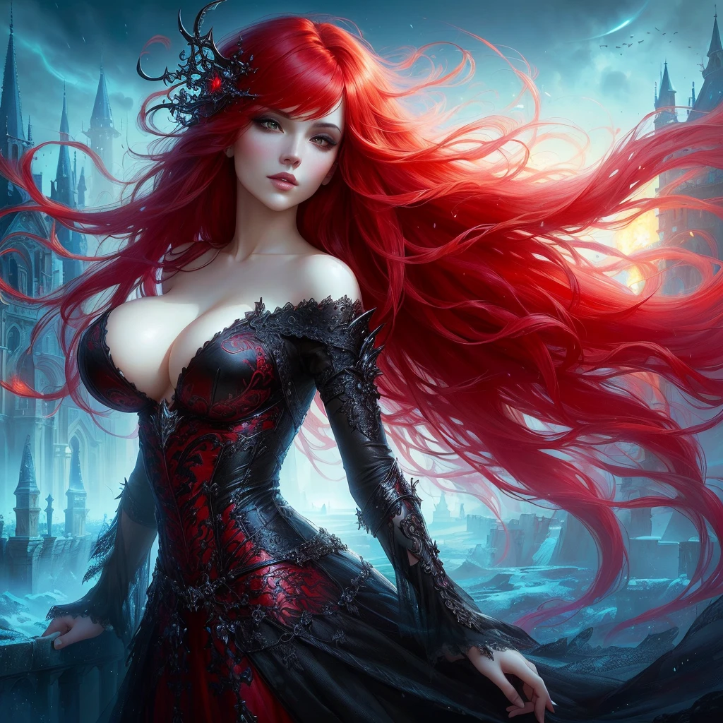 a woman with red hair and a black dress is standing in front of a castle, gothic fantasy art, beautiful fantasy art, fantasy woman, hd fantasy art, very beautiful fantasy art, karol bak uhd, red haired goddess, beautiful sorceress, fantasy style art, gothic fantasy, breathtaking fantasy art, epic fantasy art style hd, beautiful fantasy art portrait, large breasts