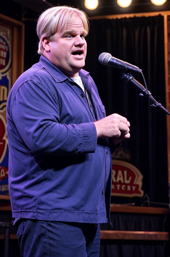 Chris Farley at 73 years old with white hair. On stage at a comedy club.
