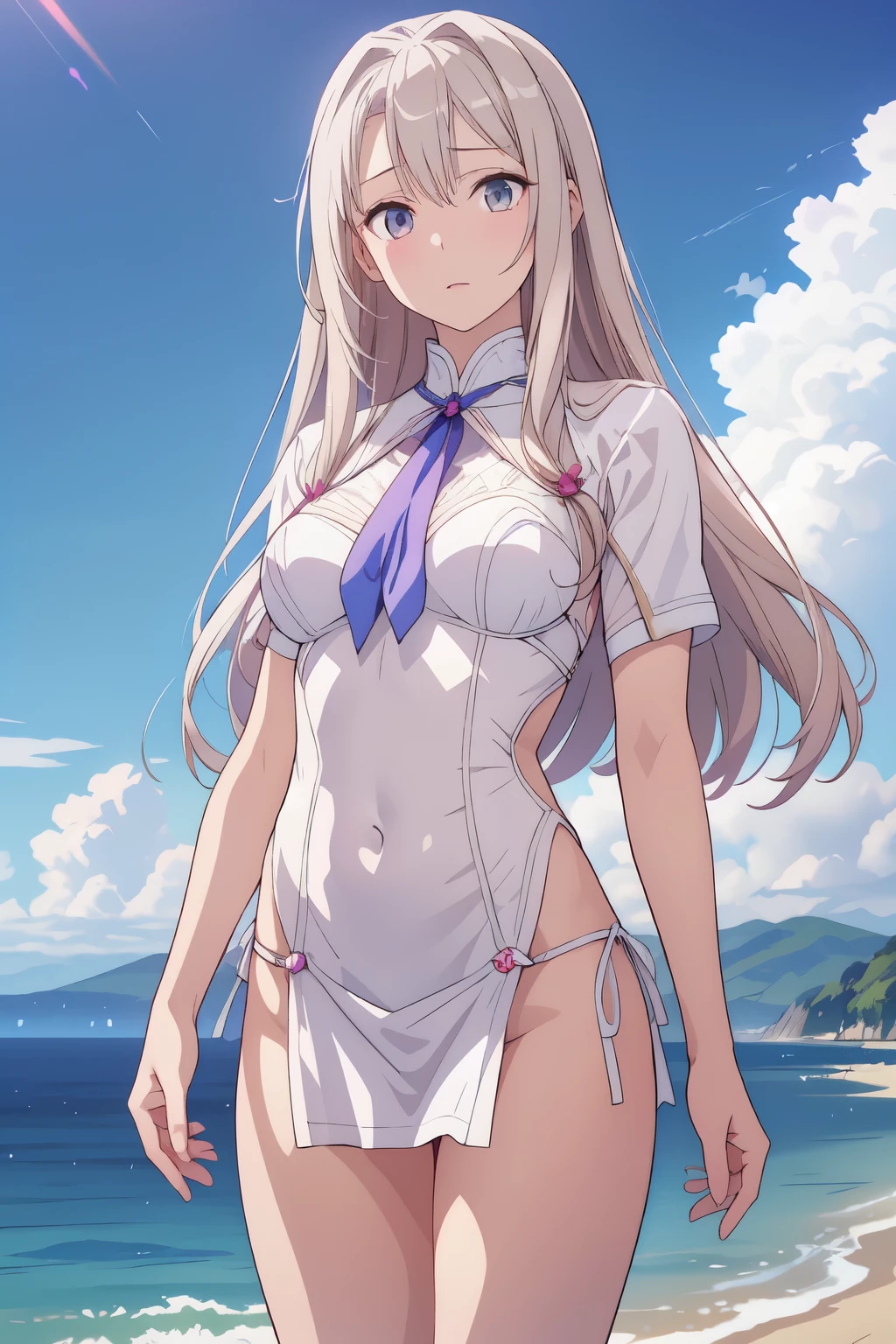 (masterpiece, best quality:1.2),illustration,8k,hd,1girl,solo, blonde_hair,long_hair,ribbon,hair_ribbon,hair_ornament,hair_flaps,hairclip,red_eyes,black_ribbon, nude, nipples, pussy, pubic hair, mecha, outdoors, ocean,