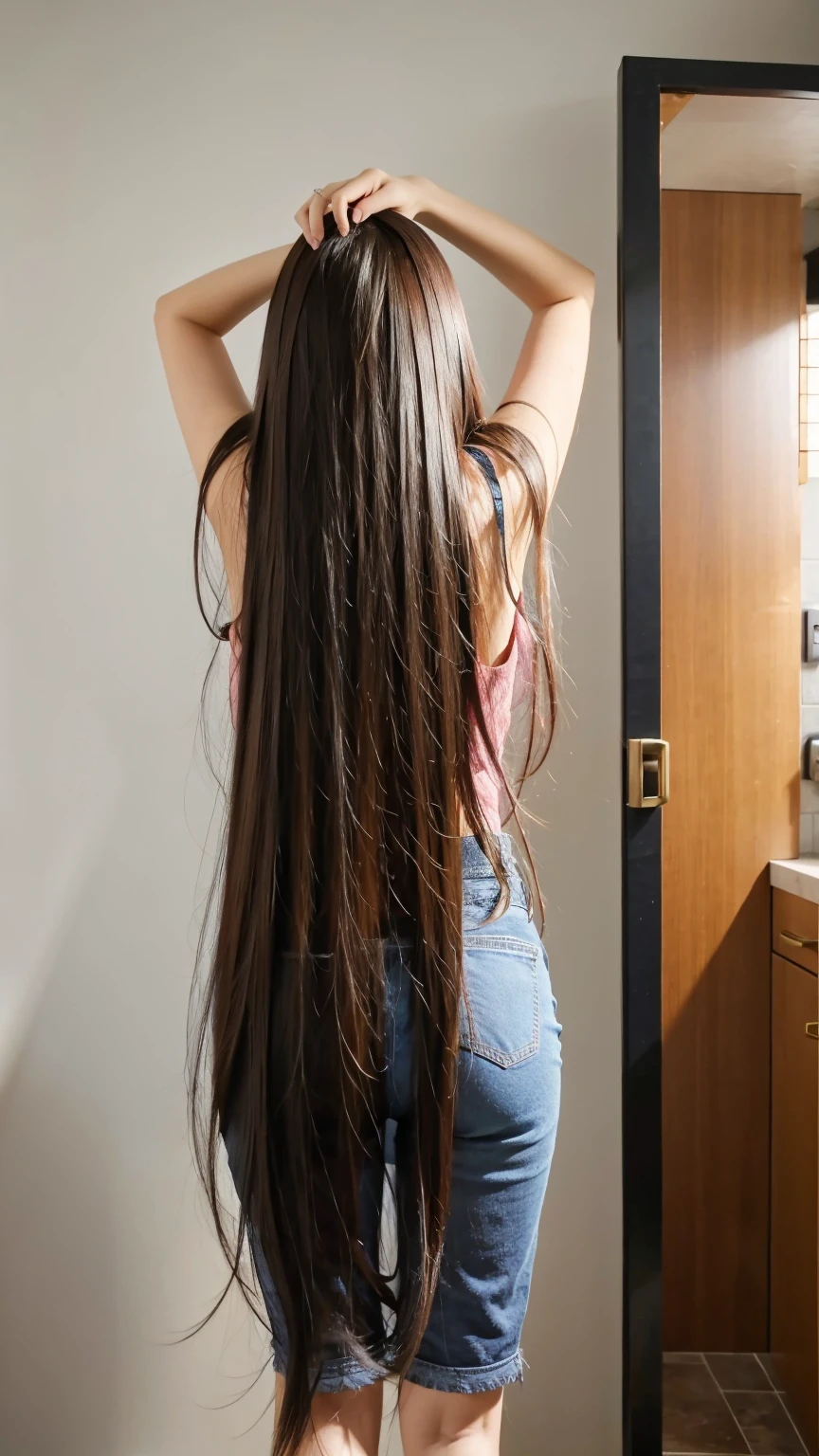 (masterpiece, best quality:1.2), photorealistic, realistic, 1girl, very long hair, photo from back