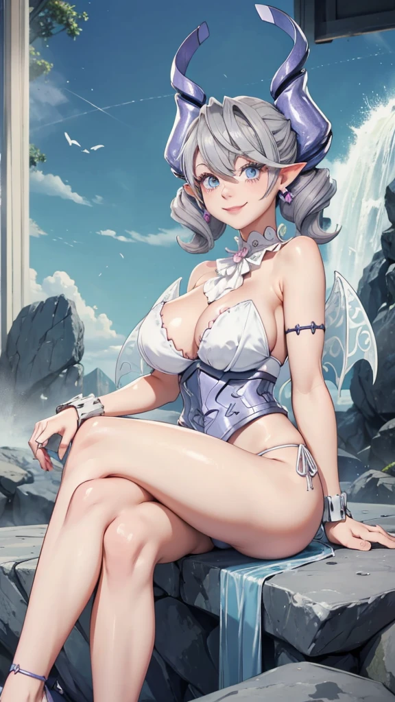 Waterfalls  High level image quality　best image quality　8K　 adult woman   garden rocks outside  more colors   whole body view　portrait　wearing bikini   　white horn    ears  　short hair（（shortcut）（gray hair）（perm）（fluffy））　eye color is blue ,  , 　attractive evil face , smile   ,  sexy pose   ,  labrynth ,  barearm    , wearing pink , big wings    , sitting    , crossed legs