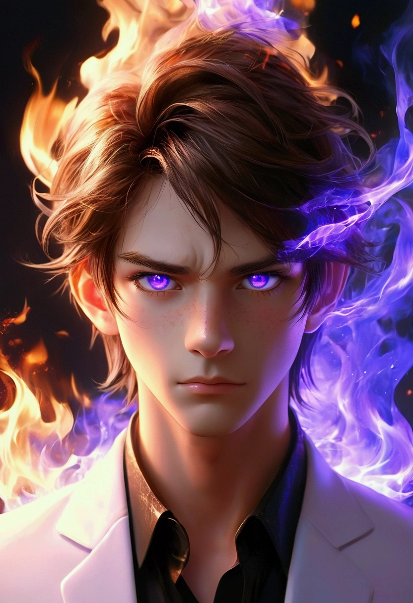 high quality, 4k, Medium shot, profile portrait of boy long brown hair, white updo, with fiery eyes wrapped in purple fire flames with blue photorealistic render of anime boy,