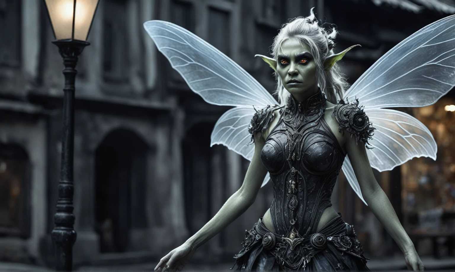 full body length shot,beggar graphite Manganite fairy, wants eat,survival in Korean city of future,Cinematic,soft colors, Technicolor,natural skin textures, hyper realism, hyper detailed,Extremely detailed,High contrast,Masterpiece,Realistic,Ultra Detailed, intricate details,realistic humid leather,extremely intricate,Epic Realistic, cinematic style,irina yermolova,high contrast,hdr,extremely detailed, masterpiece,intricate details,faded,eyes extremely detailed, high detailed eyes,16k resolution,RAW,retina, Nikon Z9,fairy orc,tkt style, Pisces, perfect, Zinger,transition between two art styles, Ink painting to photorealism, Double contact, X-ray, Creative, vivid light, masterpiece, fantasy, Abstract, Surrealism, super detailed, high resolution, stop:35,(((creature with a spectral and ghostly appearance)). Her skin is pale, almost translucent.strange wears dark, torn clothes that float around him, as if permeated by an aura of mourning. Its appearance is complemented by details such symbols of gothic elements, further emphasizing its dark air. is photo as a haunted and tormented entity,{creature}