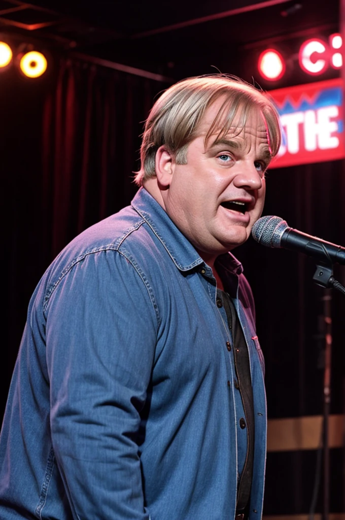 Very old looking Chris Farley at 73 years old with white hair. On stage at a comedy club.