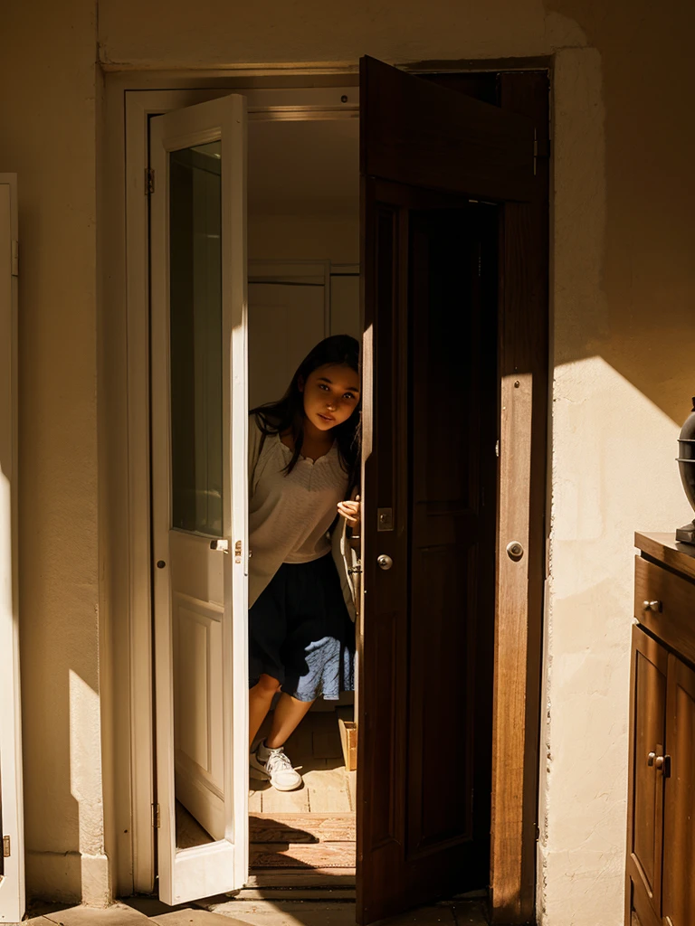 A girl opens a door