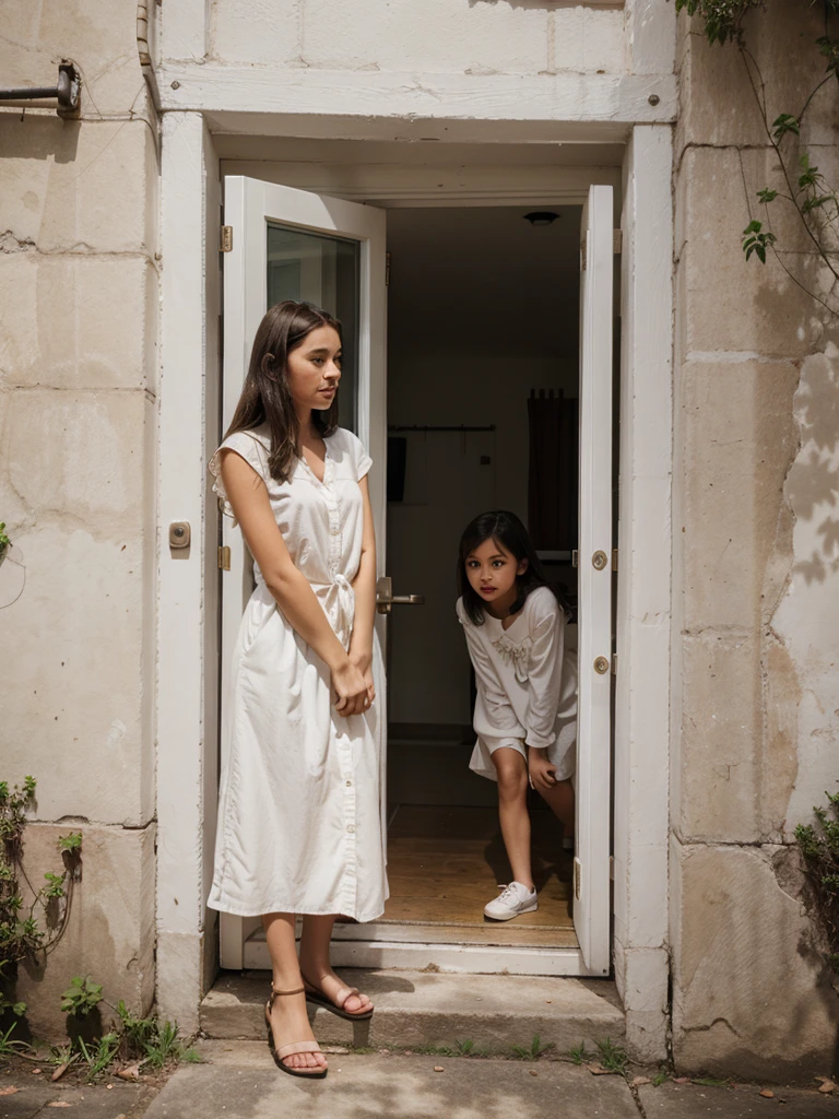 At the door，Tender and beautiful mother and little daughter，Looking at the back of the mother who went to work in a suit、Exposure with instructions、micromini skirt、Tai skirt、0 cm under the thighs、The crotch is visible