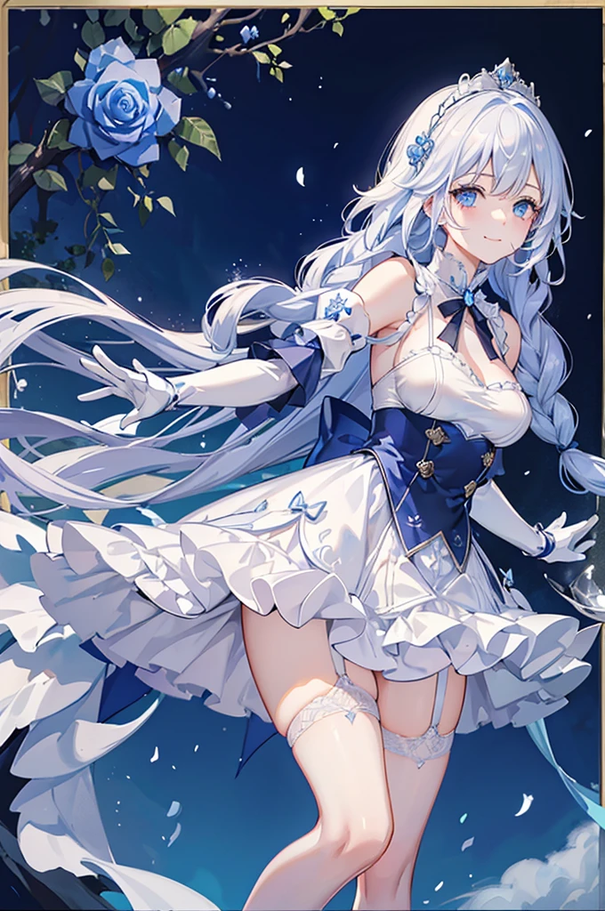 A woman with white hair and blue eyes、adult、Long, fluffy wavy hair、Braiding、Wearing hair ornaments、Smiling、Princess、Finger on mouth、White gloves、Blue-tinted dress、ribbon、Decorations such as roses and drops、race、The dress is short in the front and long in the back、Garter Ring、short boots、Fantasy