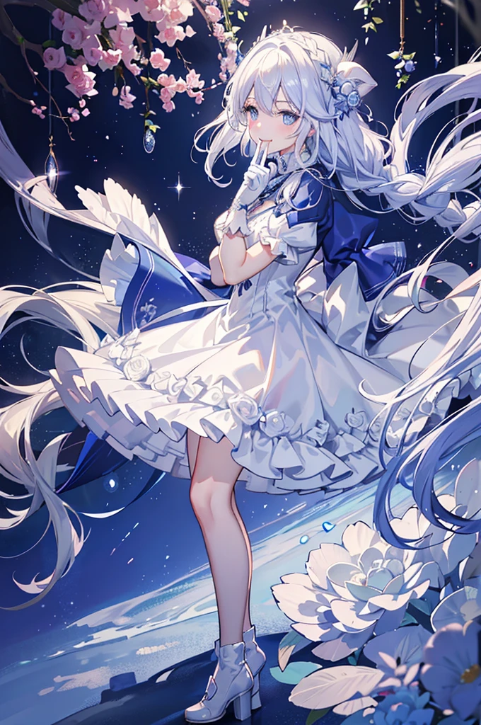 A woman with white hair and blue eyes、adult、Long, fluffy wavy hair、Braiding、Wearing hair ornaments、Smiling、Princess、Finger on mouth、White gloves、Blue-tinted dress、ribbon、Decorations such as roses and drops、race、The dress is short in the front and long in the back、Garter Ring、short boots、Fantasy