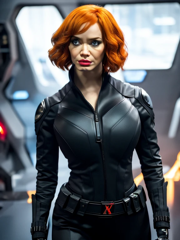 Create a dynamic 4K resolution full body portrait of Christina Hendricks as the character of Black Widow, the fierce Marvel superheroine. Visualize Christina Hendricks as Black Widow with her striking features: her short orange wavy hair. Her bright blue eyes, sharp and focused, should reflect her unwavering determination and strategic mind. She is 48 years old. Include Christina's sculpted cheekbones and slight wrinkles around the face. High-quality facial research of Christina Hendricks. Include Christina Hendricks large breasts. High-quality detailed research of Christina Hendricks voluptuous figure. Dress Christina Hendricks in the iconic Black Widow black tactical suit, with a huge bust the suit, featuring intricate details such as reinforced armor, gun holsters, utility belts, boots and the red hourglass symbol on her belt. The suit is so tight that Christina Hendricks breasts barely fit in it. The suit should appear sleek and functional, emphasizing her agility and combat prowess. Set the scene against the backdrop of a high-tech, futuristic environment, perhaps a S.H.I.E.L.D. headquarters or a cityscape at dusk, with neon lights casting dramatic shadows. Include elements such as holographic displays or glimpses of advanced technology to enhance the modern, action-packed atmosphere. The color palette should be dark and intense, with shades of black and deep reds, contrasted by the cool blues and silvers of the high-tech background, highlighting Black Widow's stealthy and formidable presence. Black Widow's expression should convey a blend of determination, focus, and a hint of vulnerability, capturing her complex character. Her gaze should be piercing and resolute, embodying her role as a master spy and a skilled combatant. This portrait aims to portray Christina Hendricks playing the role as the fictional character of Natasha Romanoff/Black Widow, capturing her iconic features and the high-stakes, action-packed world she inhabits in the Marvel universe
