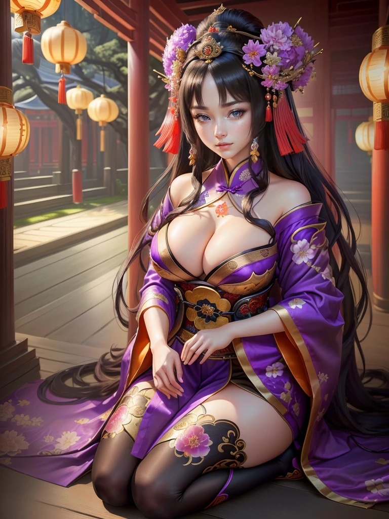 a woman in a purple kimono sitting on the ground, a beautiful fantasy empress, ancient chinese princess, ((a beautiful fantasy empress)), inspired by Lan Ying, inspired by Ju Lian, inspired by Qiu Ying, inspired by Li Mei-shu, palace ， a girl in hanfu, inspired by Yun Du-seo, chinese empress, beautiful character painting, Highly detailed CG unit 8k wallpaper, masterpiece, High resolution, highest quality, highest quality real texture skin, Super Real, Digital Painting, Best image quality, 最High resolution, 8k, (((Highly detailed eyes and face, Beautiful eyes every detail))), disproportionate breasts, huge breasts, sagging breasts, gigantic breasts, black hair, grin, 