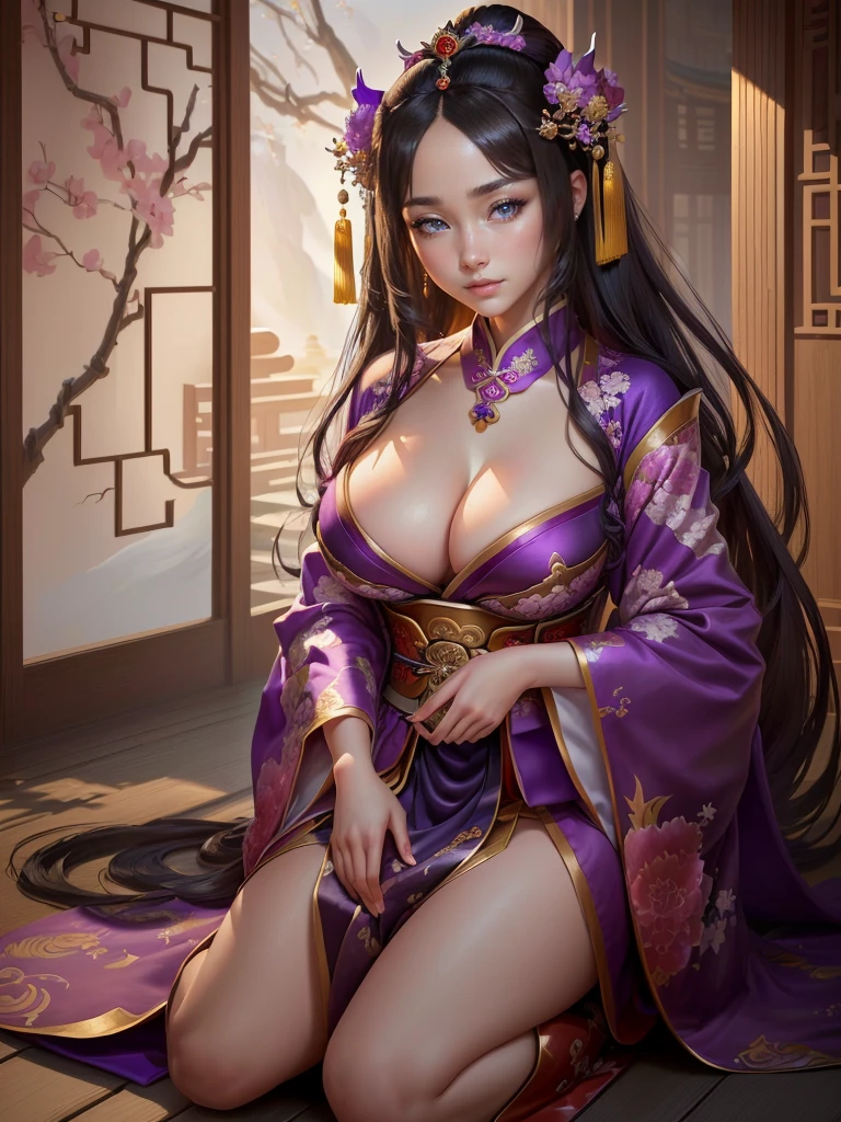 a woman in a purple kimono sitting on the ground, a beautiful fantasy empress, ancient chinese princess, ((a beautiful fantasy empress)), inspired by Lan Ying, inspired by Ju Lian, inspired by Qiu Ying, inspired by Li Mei-shu, palace , a girl in hanfu, inspired by Yun Du-seo, chinese empress, beautiful character painting, Highly detailed CG unit 8k wallpaper, masterpiece, High resolution, highest quality, highest quality real texture skin, Super Real, Digital Painting, Best image quality, 最High resolution, 8k, (((Highly detailed eyes and face, Beautiful eyes every detail))), disproportionate breasts, huge breasts, sagging breasts, gigantic breasts, black hair, grin,