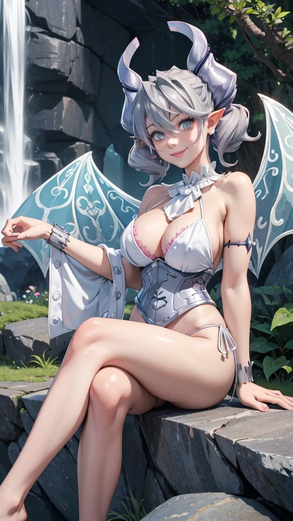 Waterfalls High level image quality best image quality 8K adult woman garden rocks outside more colors whole body view portrait wearing bikini white horn ears short hair((shortcut)(gray hair)(perm)(fluffy)) eye color is blue , , attractive evil face , smile , sexy pose , labrynth , barearm , wearing pink , big wings , sitting , crossed legs