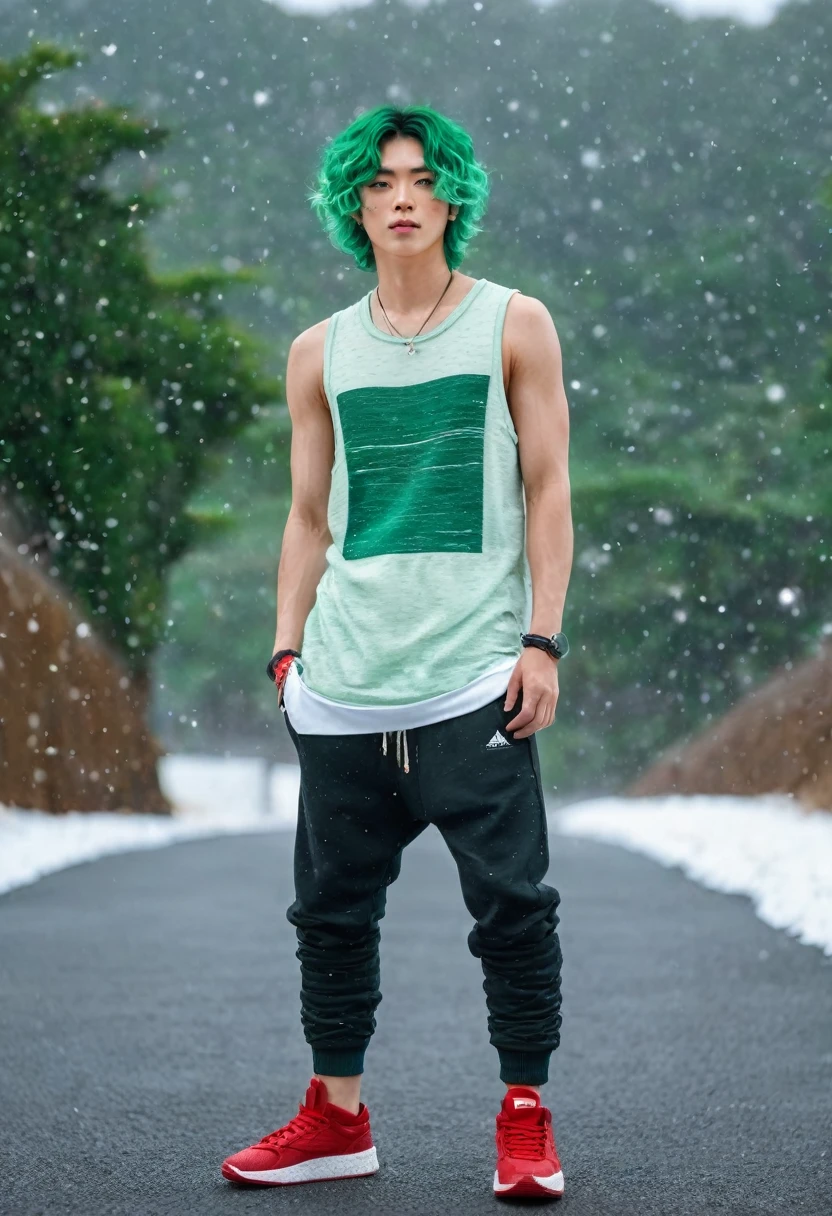 Japanese male model, face freckles, with viridian green eyes, short curly viridian green hair, wearing a loose tank top, and joggers, in a red high top sneakers,(masterpiece:1.35),(best-quality:1.4),8k,ultra-detailed,photography,(ultra-realistic:1.4), adult girl, long hair, sweater, snowing background,
