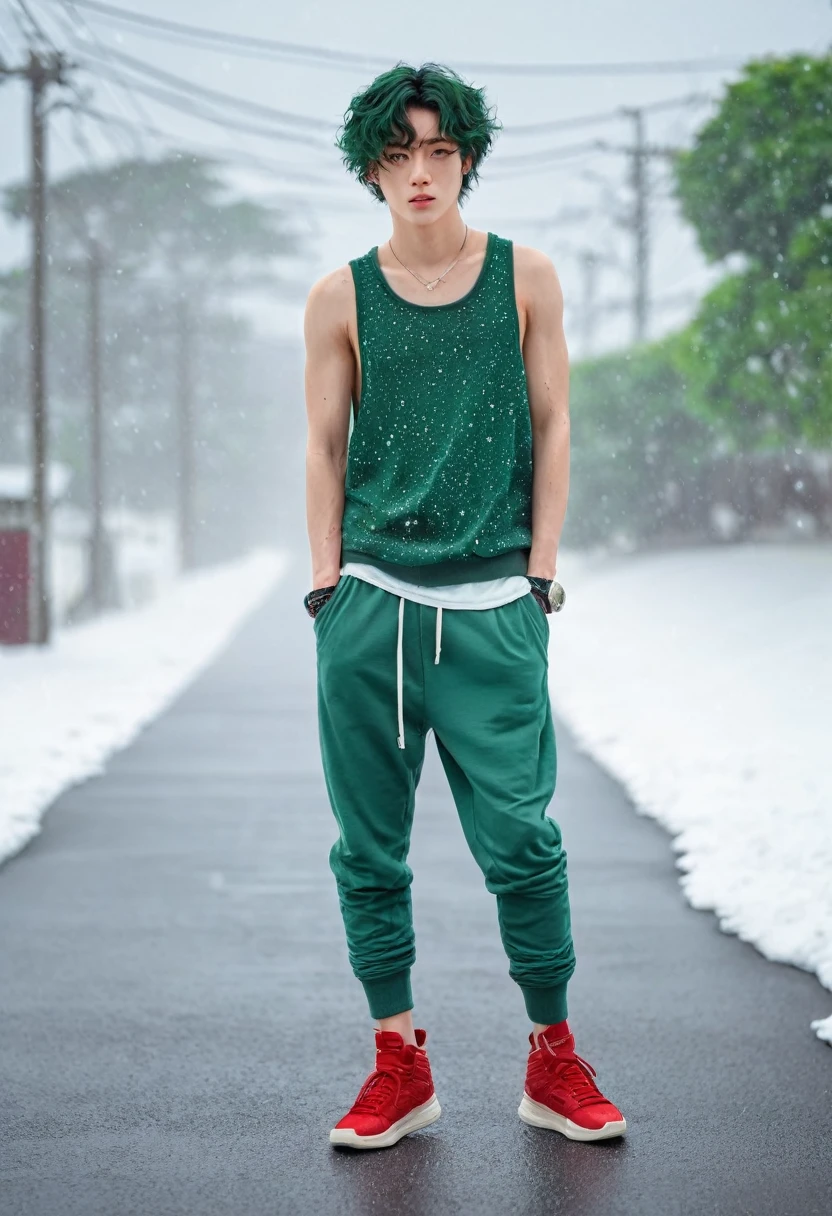  Japanese male model, face freckles, with viridian green eyes, short curly viridian green hair, wearing a loose tank top, and joggers, in a red high top sneakers,(masterpiece:1.35),(best-quality:1.4),8k,ultra-detailed,photography,(ultra-realistic:1.4), adult girl, long hair, sweater, snowing background,
